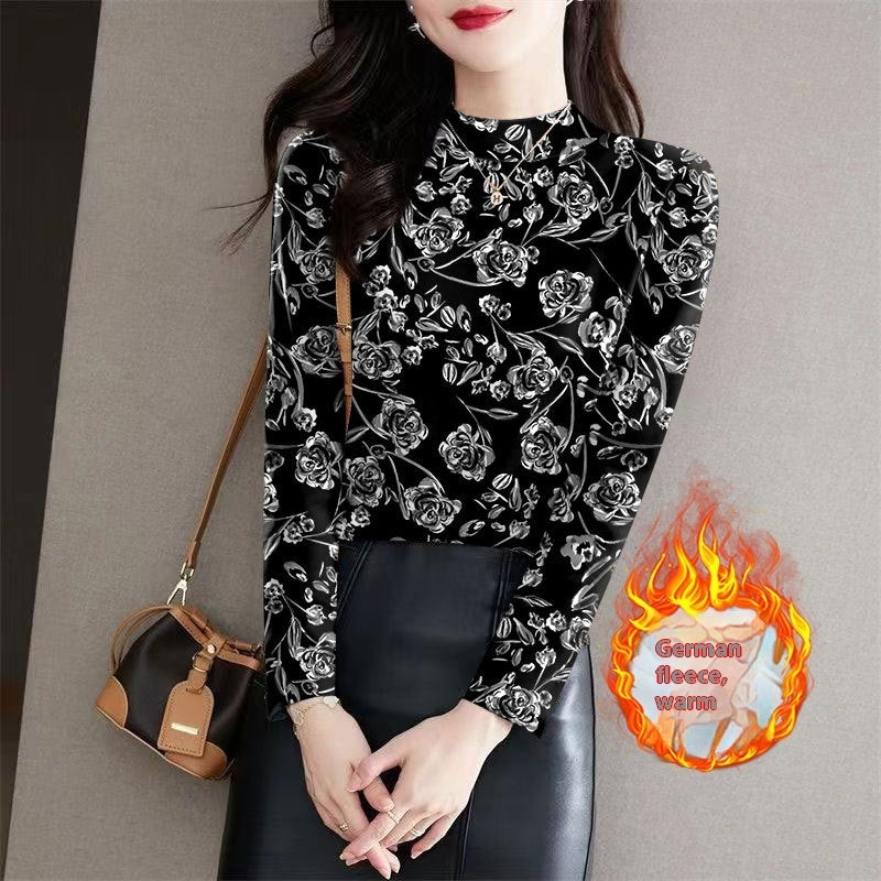 Women's Half Turtleneck Outer Wear Printed Bottoming Shirt