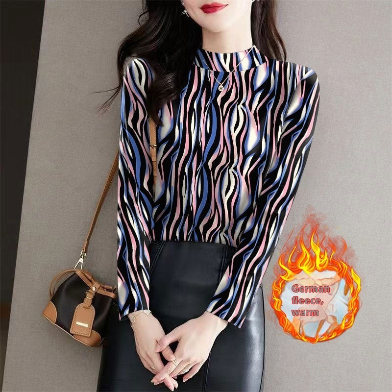 Women's Half Turtleneck Outer Wear Printed Bottoming Shirt