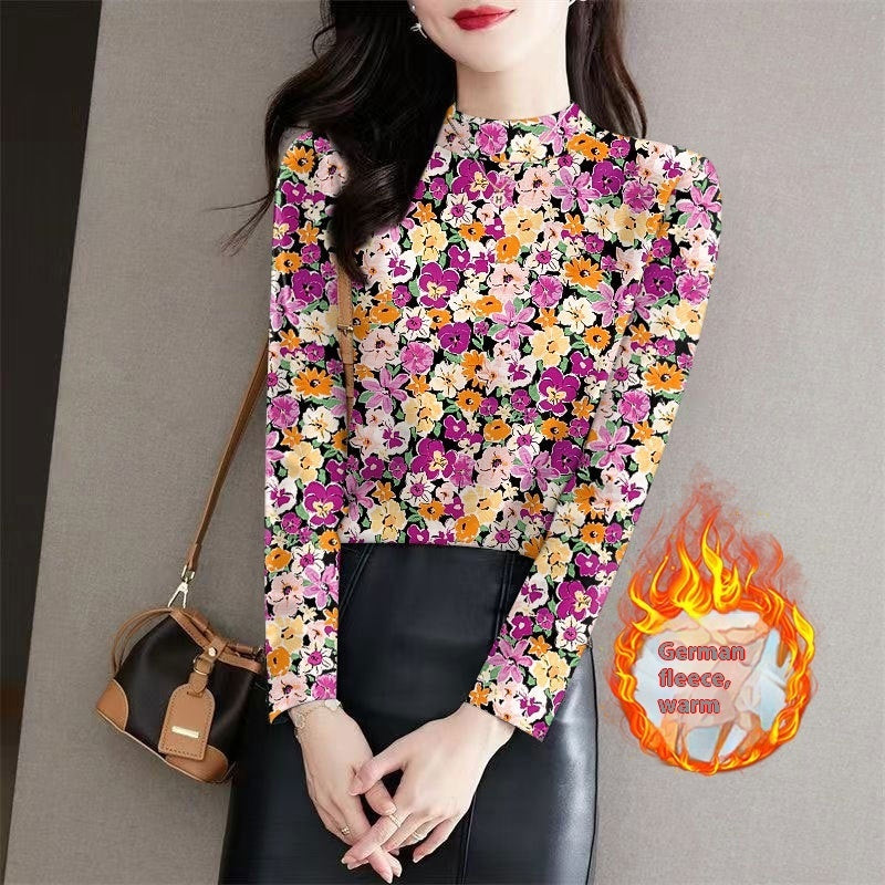 Women's Half Turtleneck Outer Wear Printed Bottoming Shirt