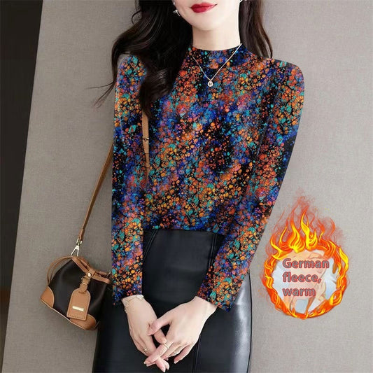 Women's Half Turtleneck Outer Wear Printed Bottoming Shirt