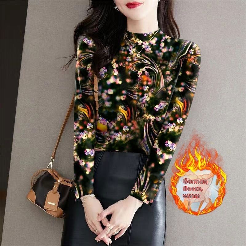 Women's Half Turtleneck Outer Wear Printed Bottoming Shirt