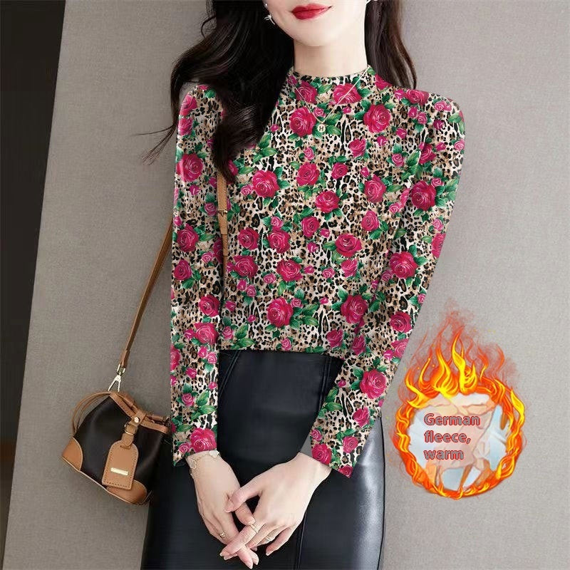 Women's Half Turtleneck Outer Wear Printed Bottoming Shirt